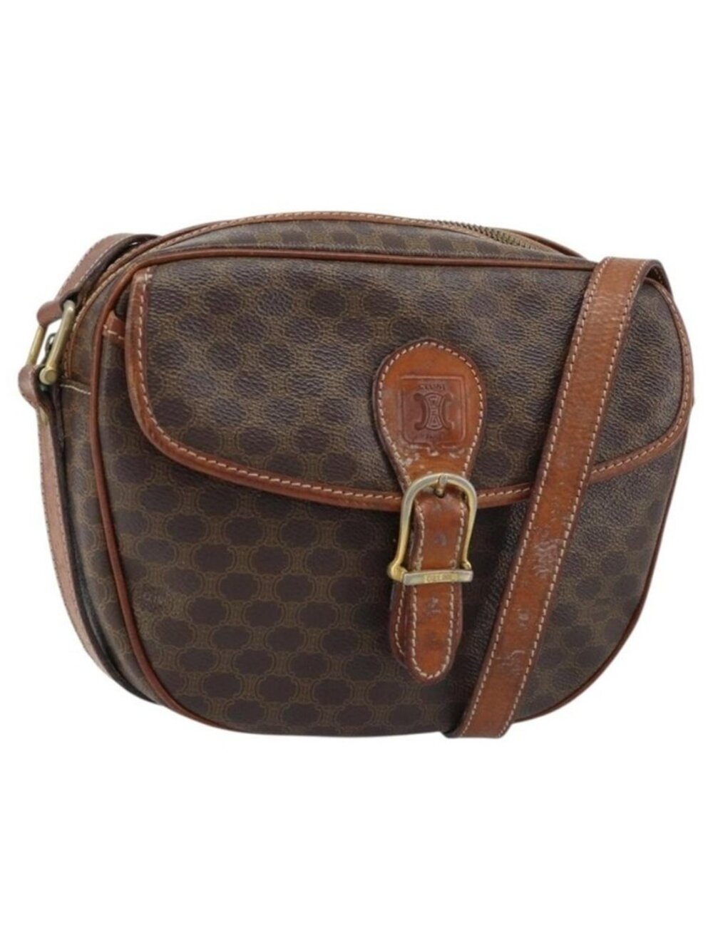 Authentic CELINE Macadam Canvas Shoulder Bag PVC Leather Brown Gold